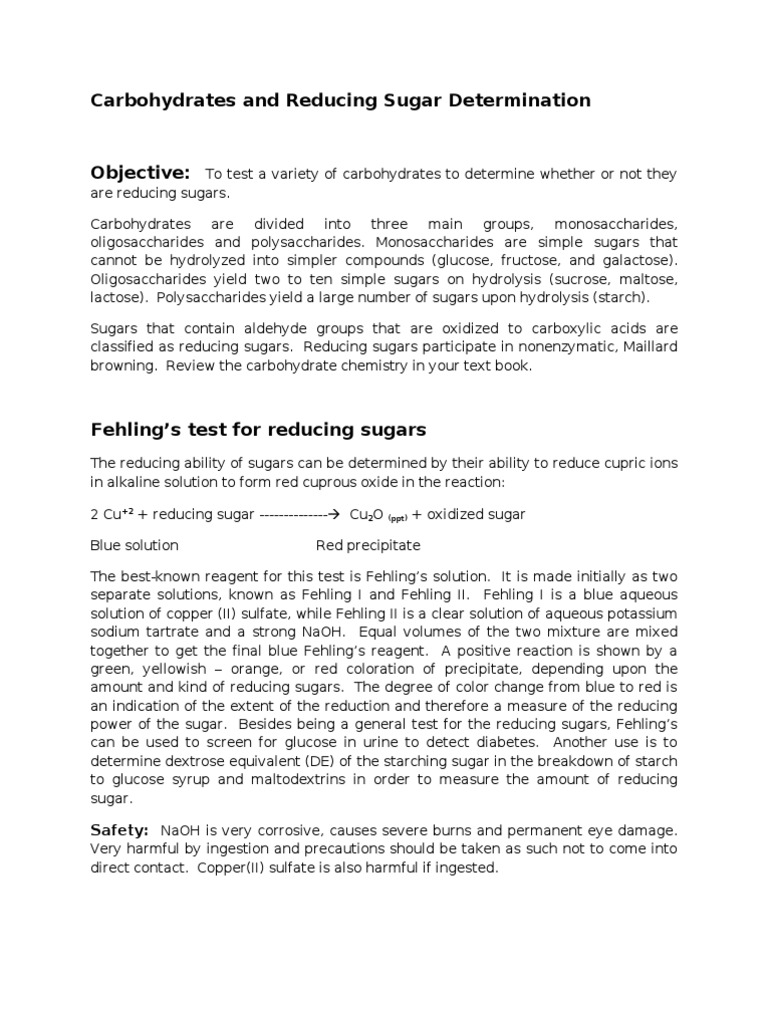 Carbohydrate Reducing Sugar Test Guide | PDF | Glucose | Carbohydrates