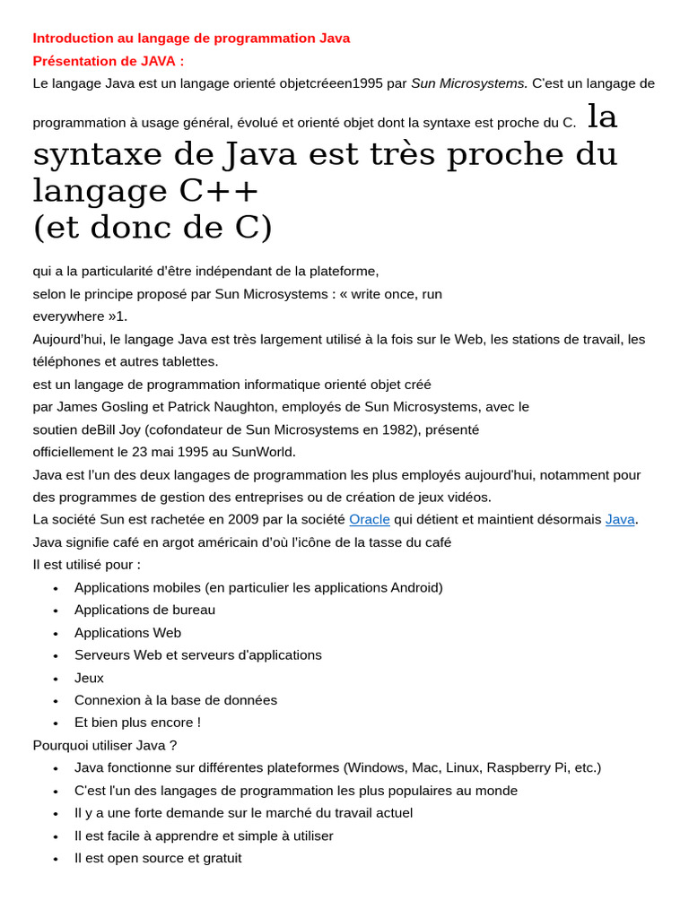 Introduction au langage Java | PDF | Java (Langage de programmation ...