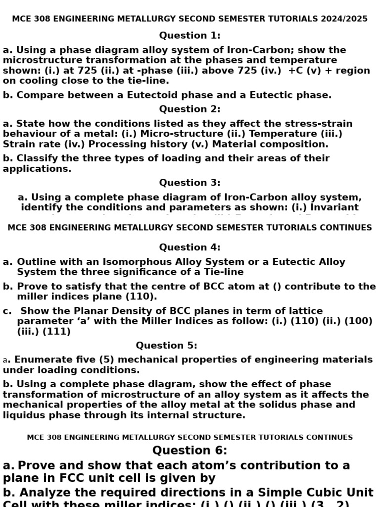Mce 308 Engineering Metallurgy Second Semester Tutorials 2024 | PDF ...