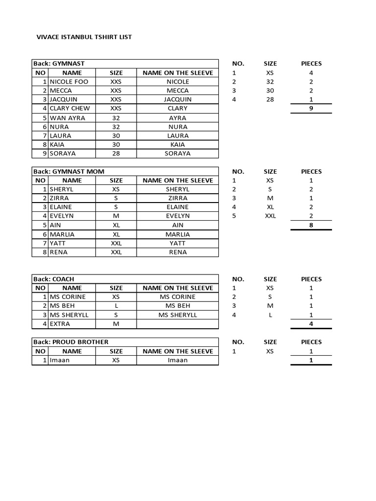 Vivace Istanbul T-Shirt Size List | PDF