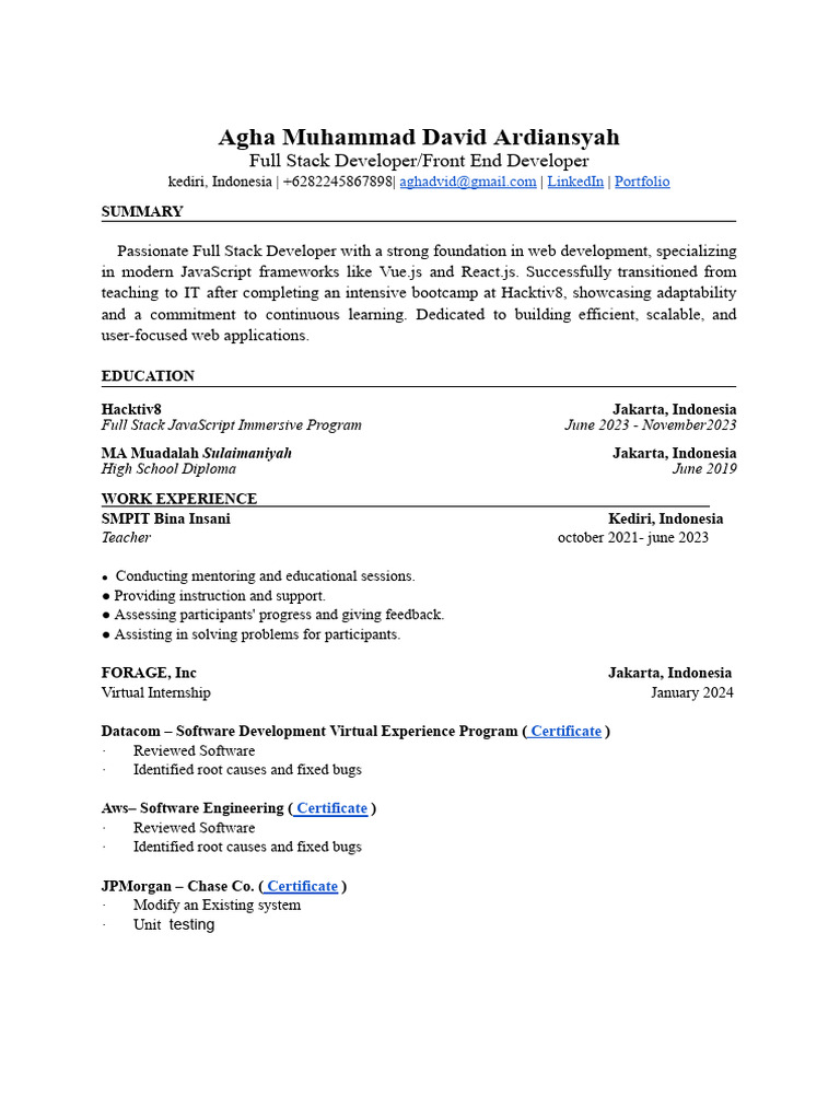 Full Stack Developer Resume - Agha David | PDF | Java Script | Websites