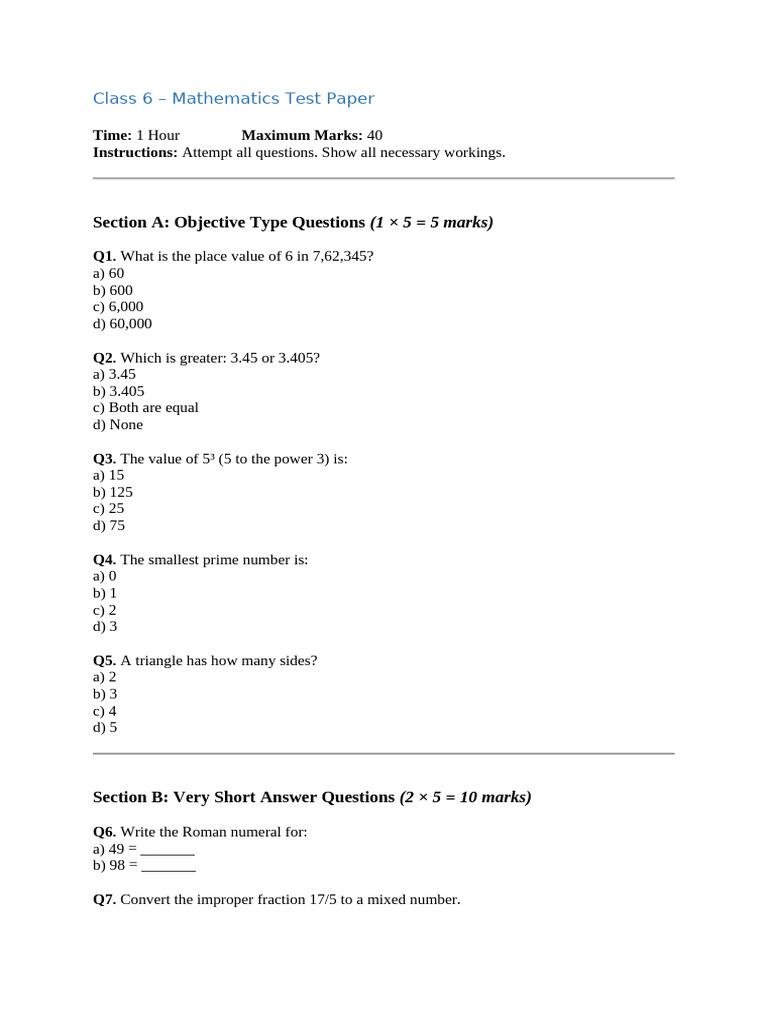 Class 6 Maths Test Paper PDF | PDF