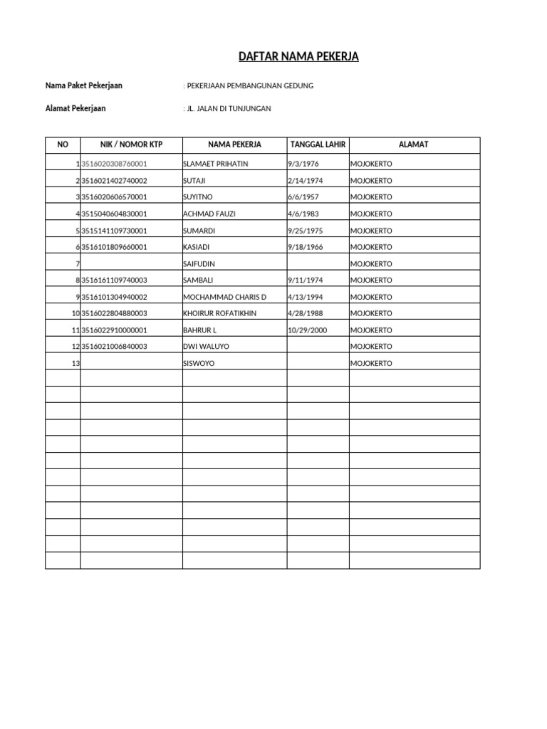 Template Daftar Nama Pekerja-1 | PDF