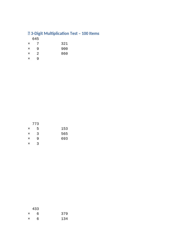 Test de multiplication 3 chiffres - 100 questions | PDF