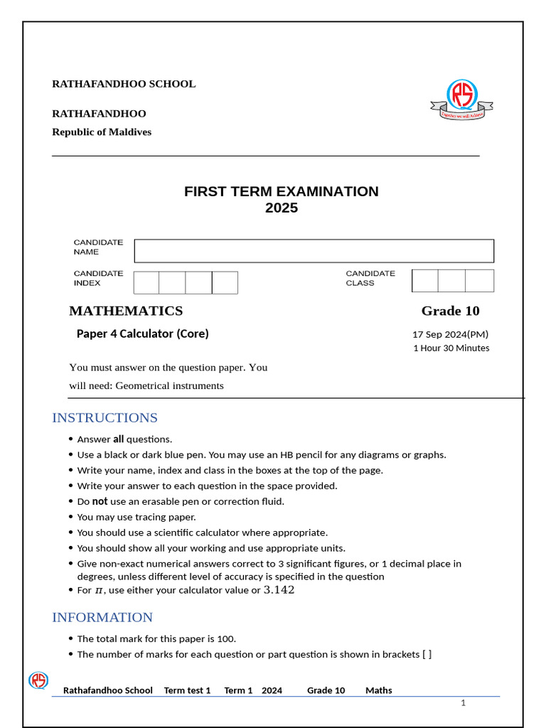 Grade 10 Math Exam Instructions | PDF | Mathematics