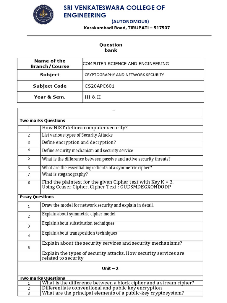 Computer Science Engineering: Cryptography Q&A | PDF | Encryption ...