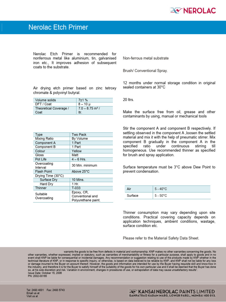 Nerolac Etch Primer Application Guide | PDF | Materials | Industrial ...