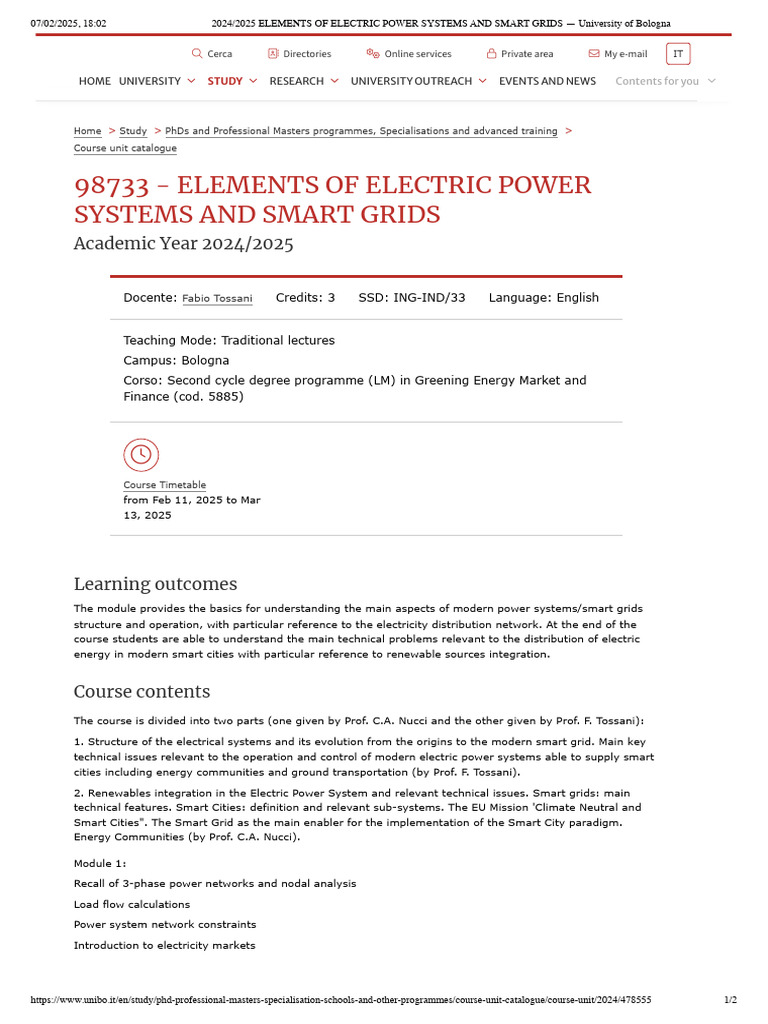 Electric Power Systems Course 2024/25 | PDF | Smart Grid