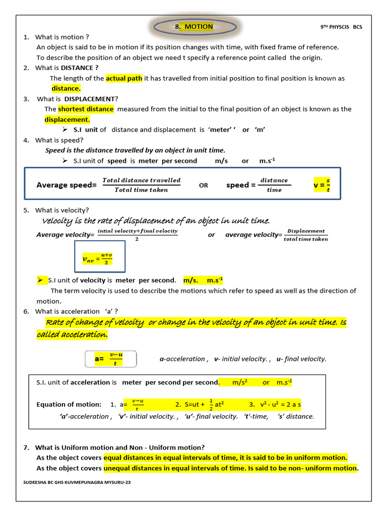 9th STD Science-Motion Notes Eng Version 2018-19 | PDF | Acceleration ...