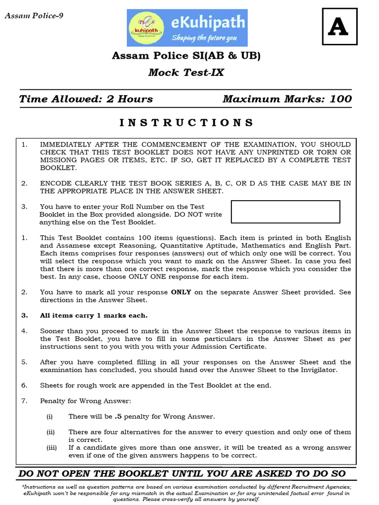 Assam Police SI (AB & UB) Mock Test 9 Mock Paper | PDF