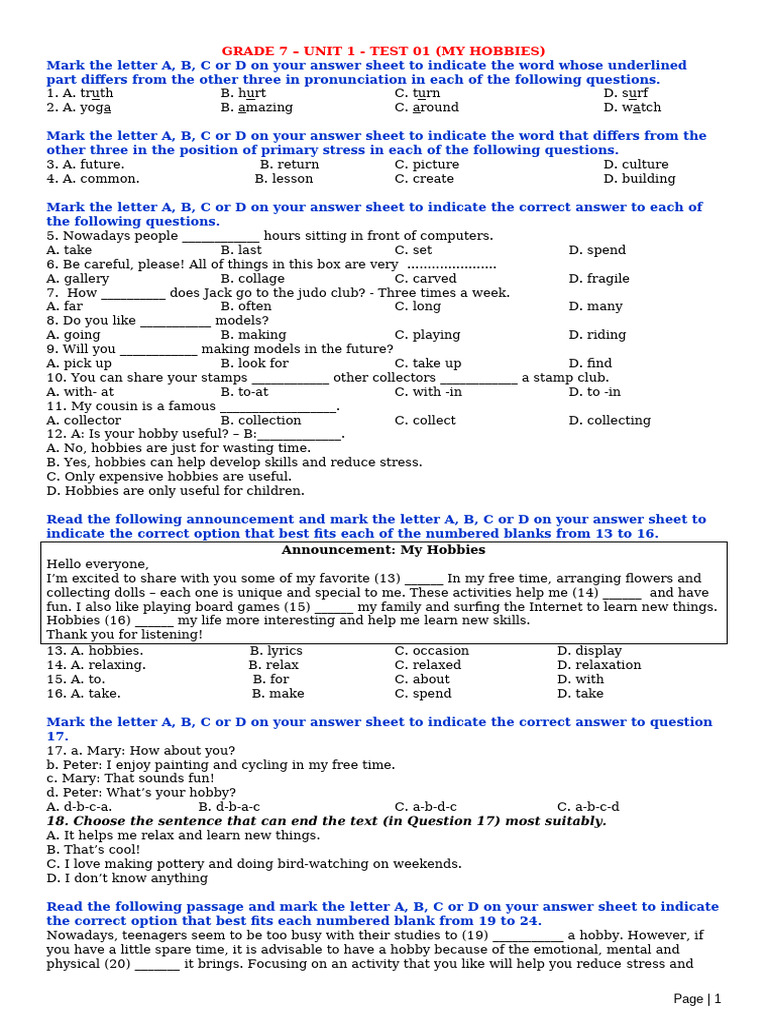 Grade 7 English Test: My Hobbies | PDF | Hobbies
