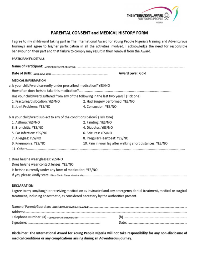 Parental Consent & Medical History Form | PDF | Medical Specialties ...
