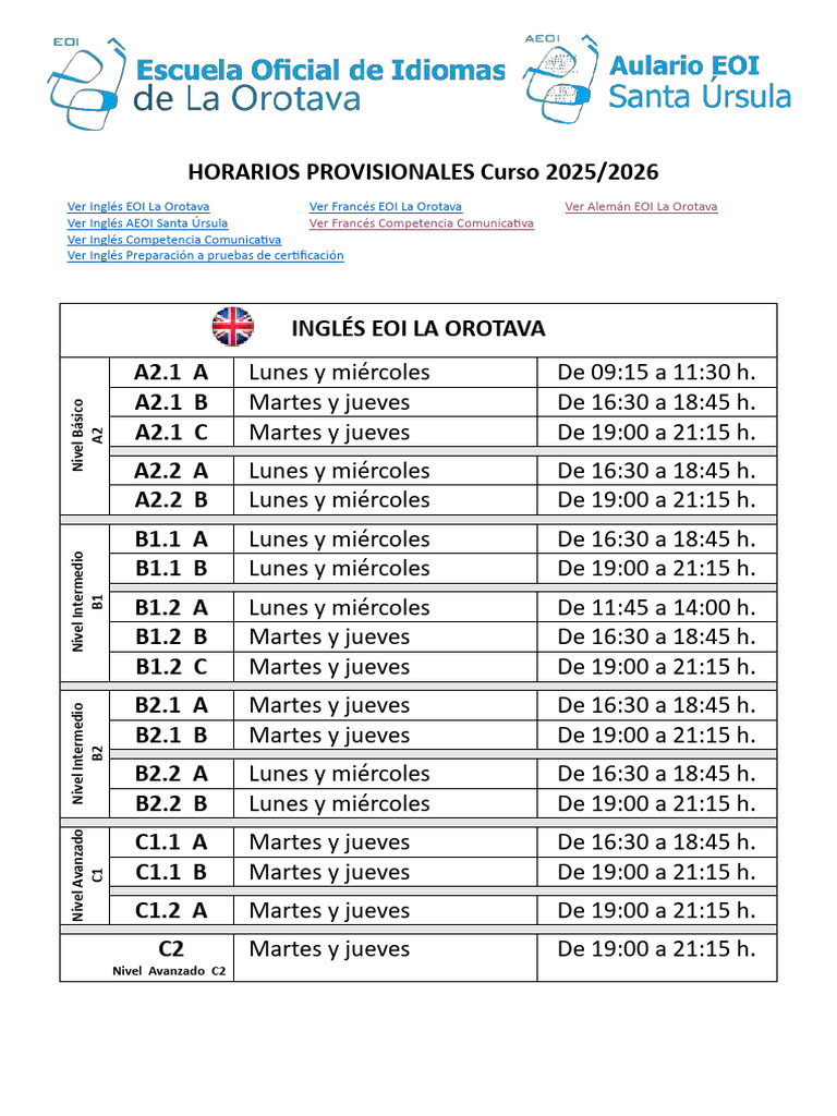 Horarios Cursos de Idiomas 2025/2026 | PDF