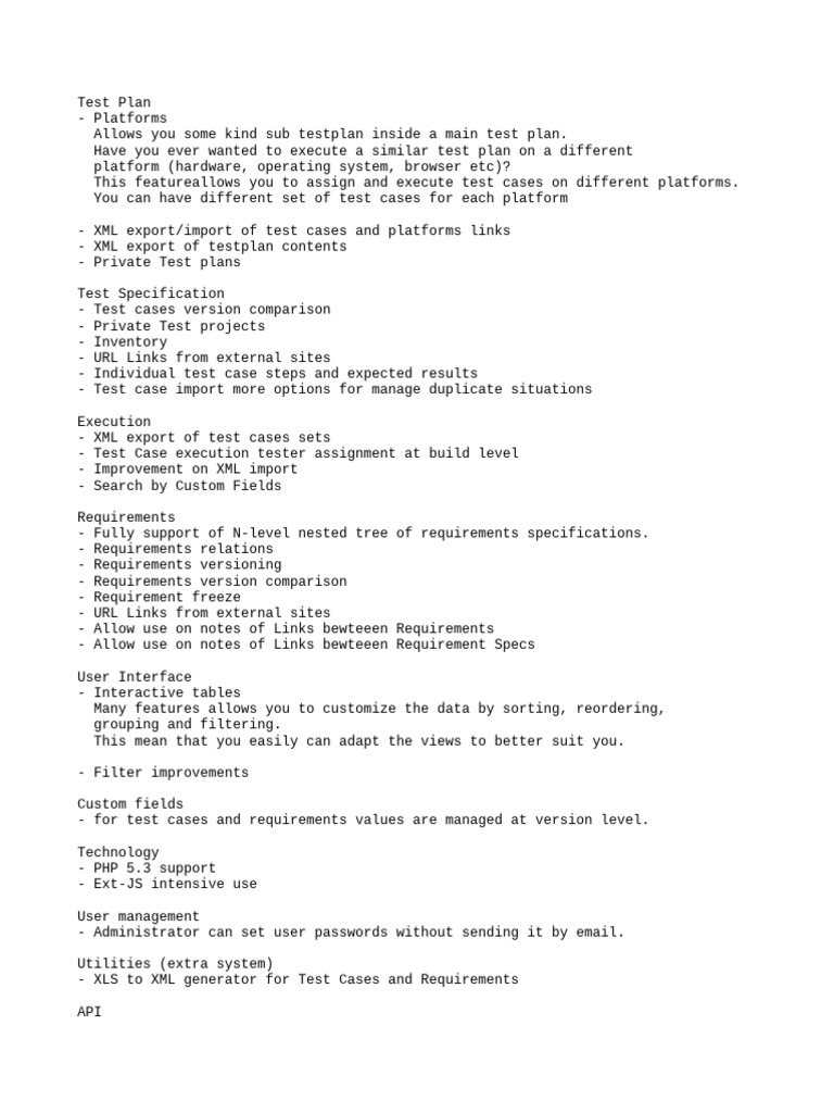 Comprehensive Test Plan Features Overview | PDF