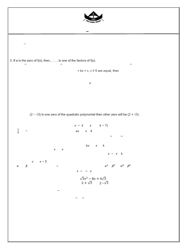 Quadratic Polynomials and Their Zeroes | PDF | Zero Of A Function ...