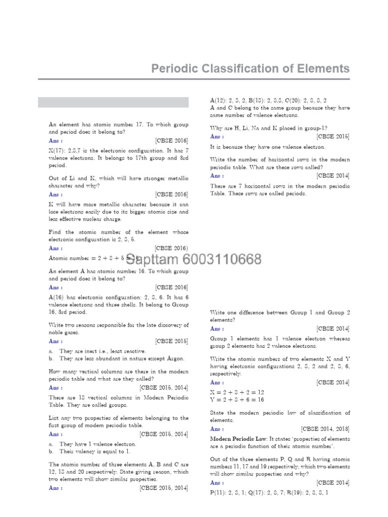 Periodic Classification of Elements Guide | PDF | Periodic Table ...