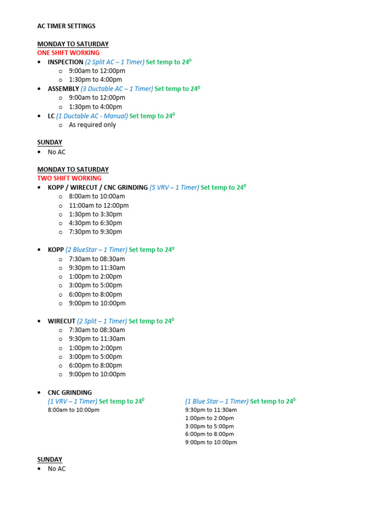 AC Timer Settings for Weekly Schedule | PDF