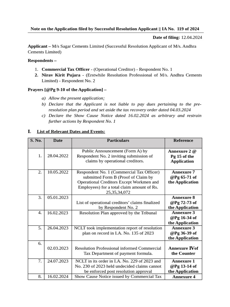 Note On The Application Filed by Successful Resolution Applicant - IA ...