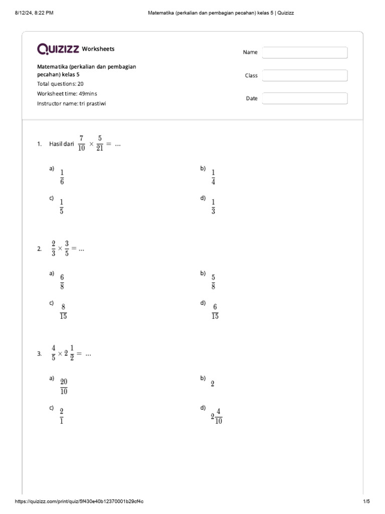 Matematika Perkalian Dan Pembagian Pecahan Kelas 5 Quizizz Pdf