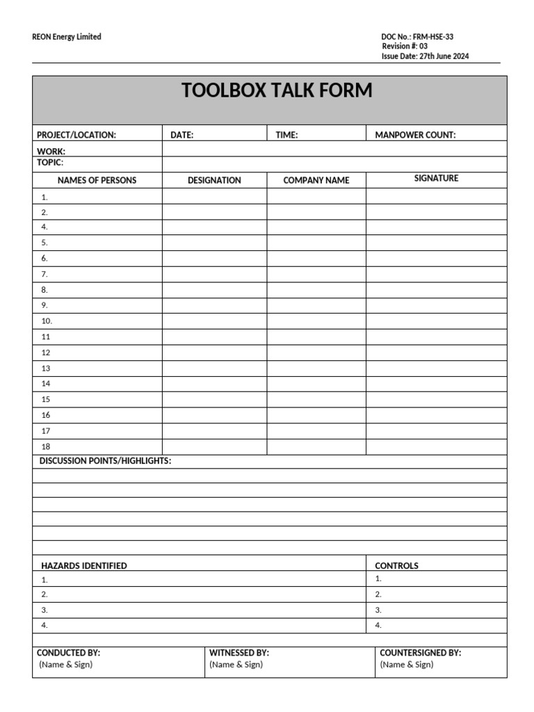 HSE Toolbox Talk Form Template | PDF