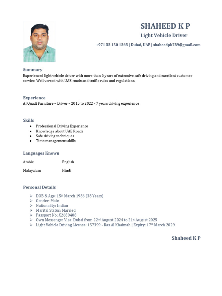Light Vehicle Driver CV - UAE | PDF