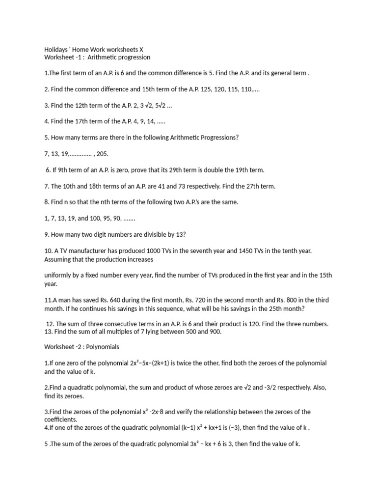 Holidays ' Home Work Worksheets X | PDF | Polynomial | Quadratic Equation