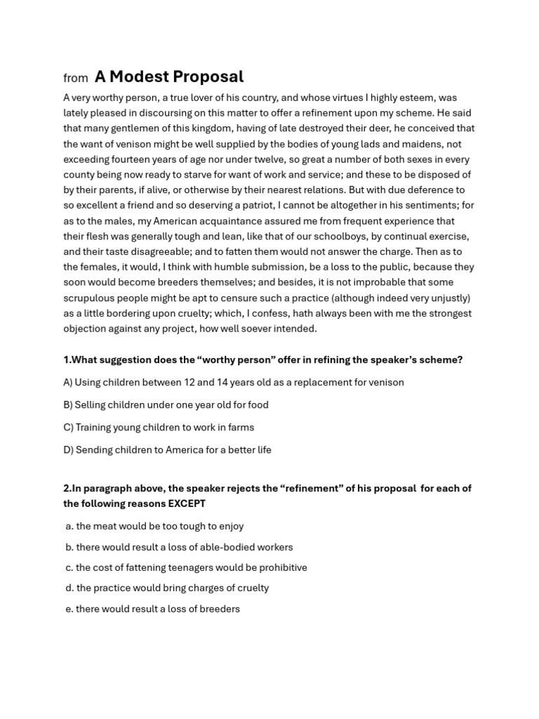 Modest Proposal Practice Questions | PDF