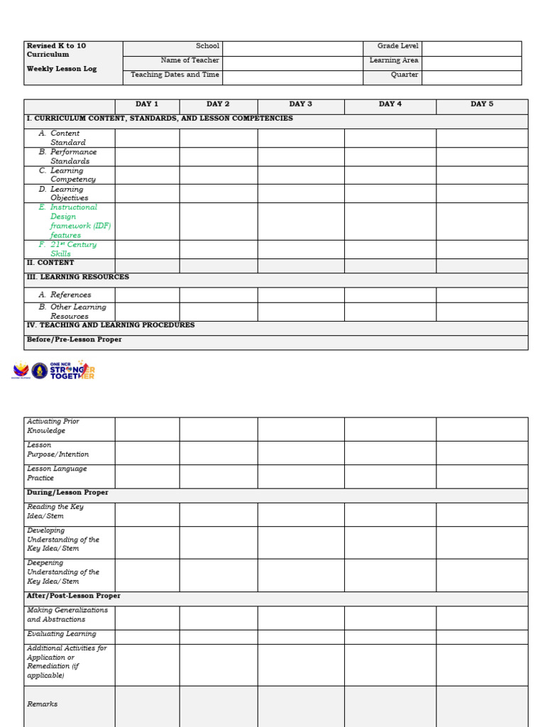 Weekly Lesson Log for Revised K-10 Curriculum | PDF