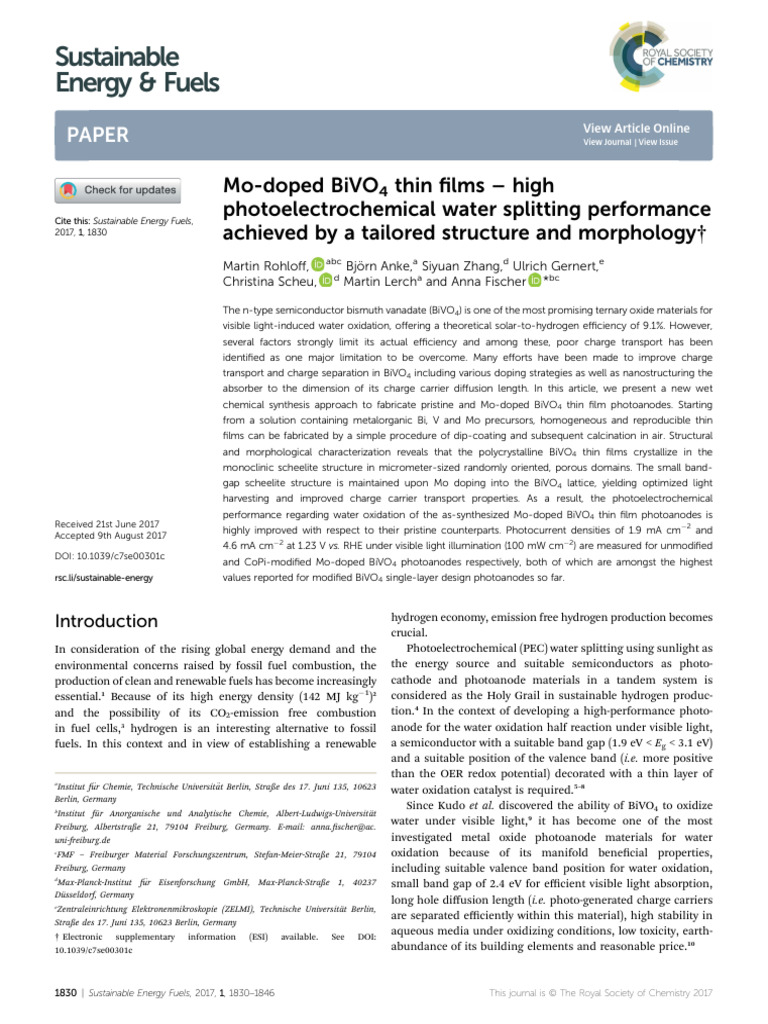 Mo-Doped BiVO4 Thin Films for Water Splitting | PDF | Materials Science ...