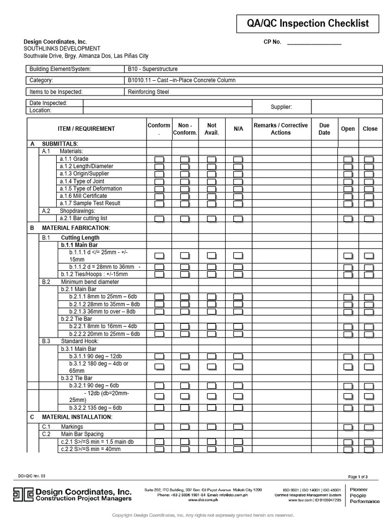 QA/QC Checklist for Concrete Columns | PDF | Pipe (Fluid Conveyance ...