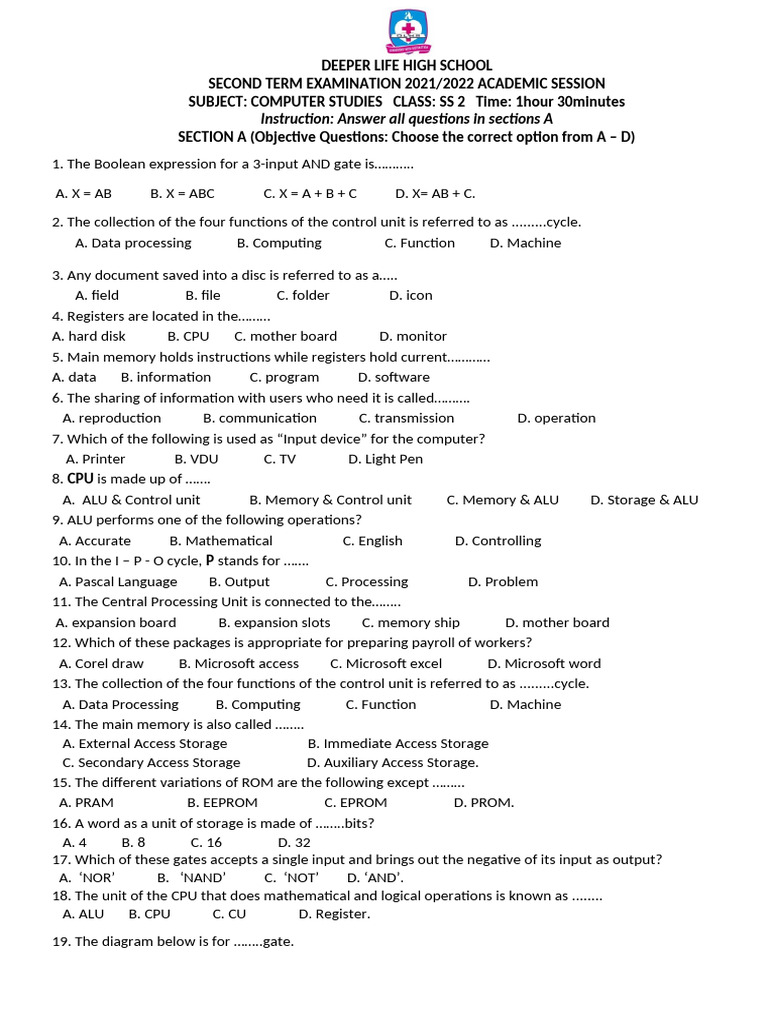 SS2 Computer Studies Exam 2021/22 | PDF | Floppy Disk | Computer Data ...