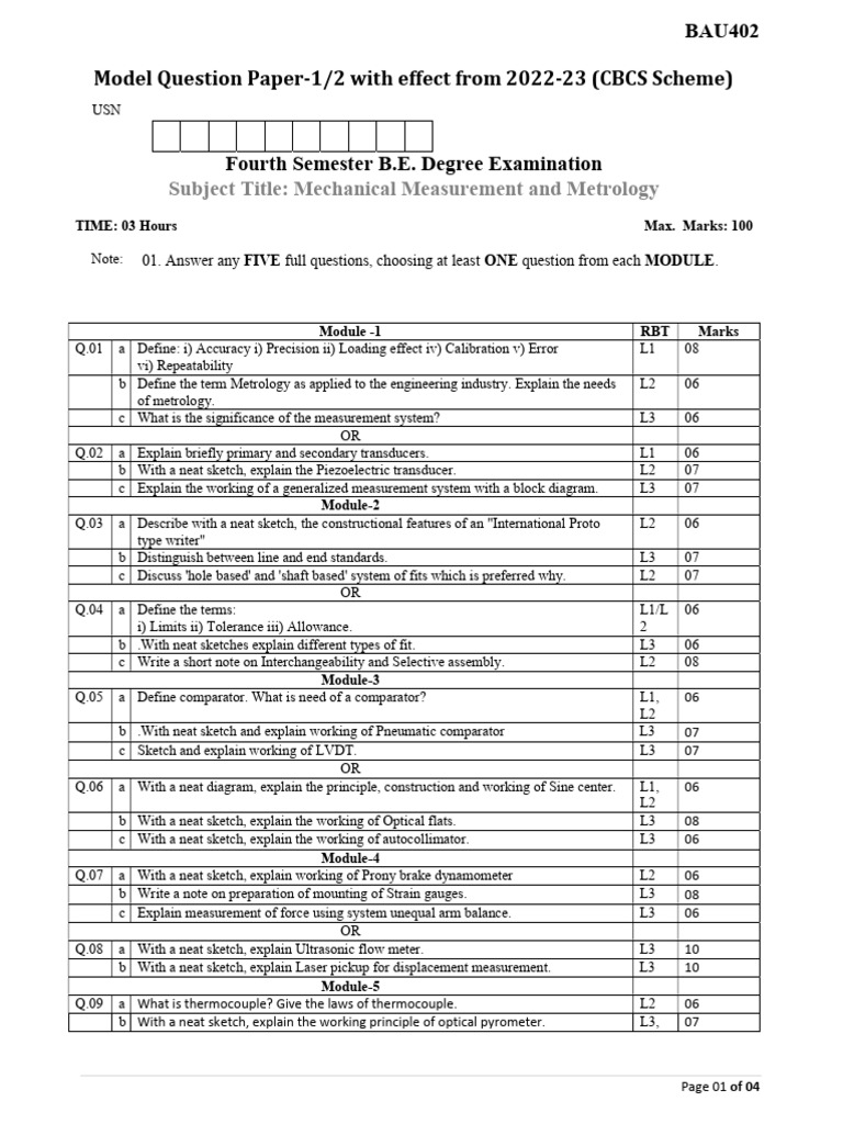 Mechanical Measurement Exam Paper 2022-23 | PDF | Calibration | Metrology