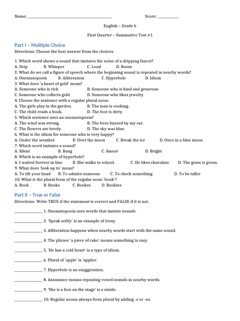 Grade 6 English Summative Test Guide | PDF | Linguistics | Syntax