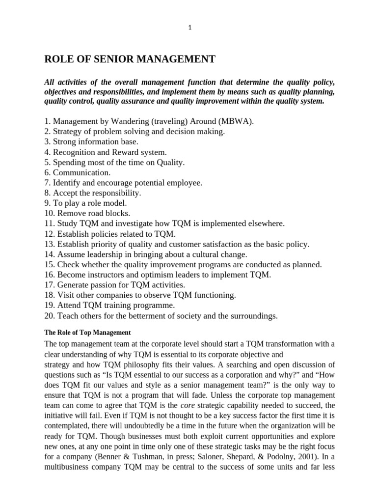 Role of Senior Management | PDF | Leadership | Goal