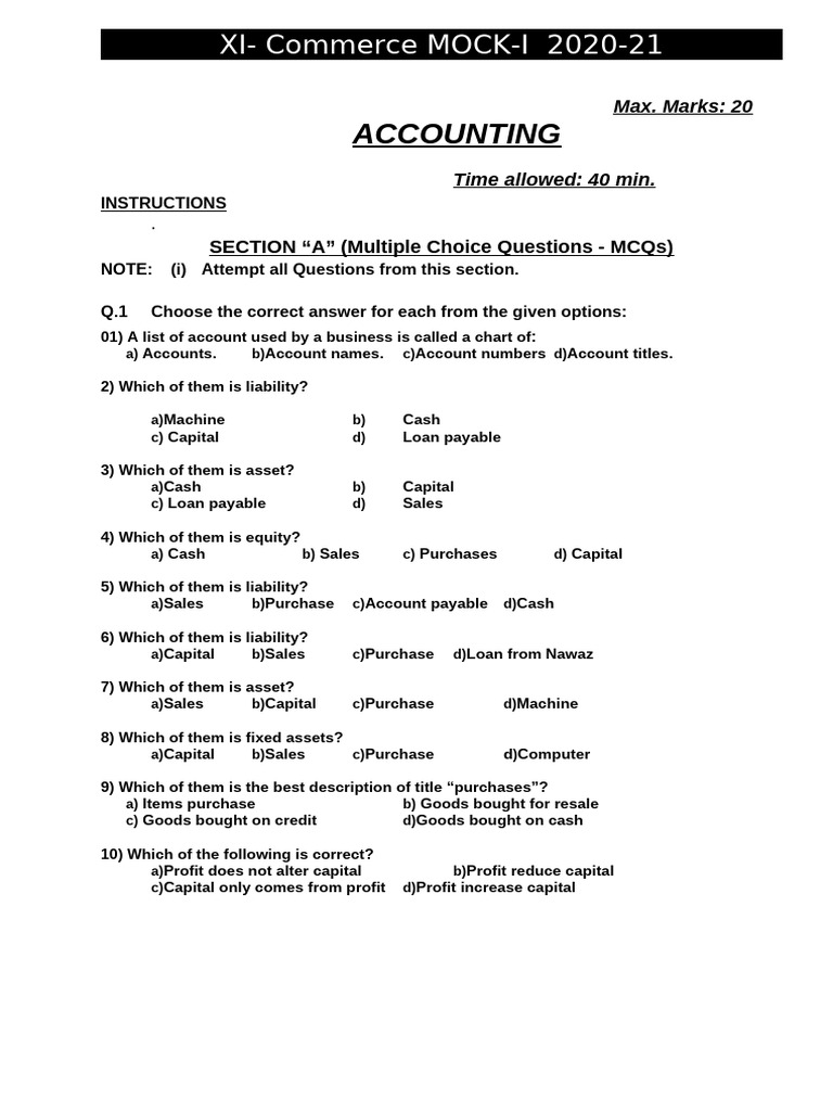 XI Commerce Accounting MCQs 2020-21 | PDF | Debits And Credits | Expense