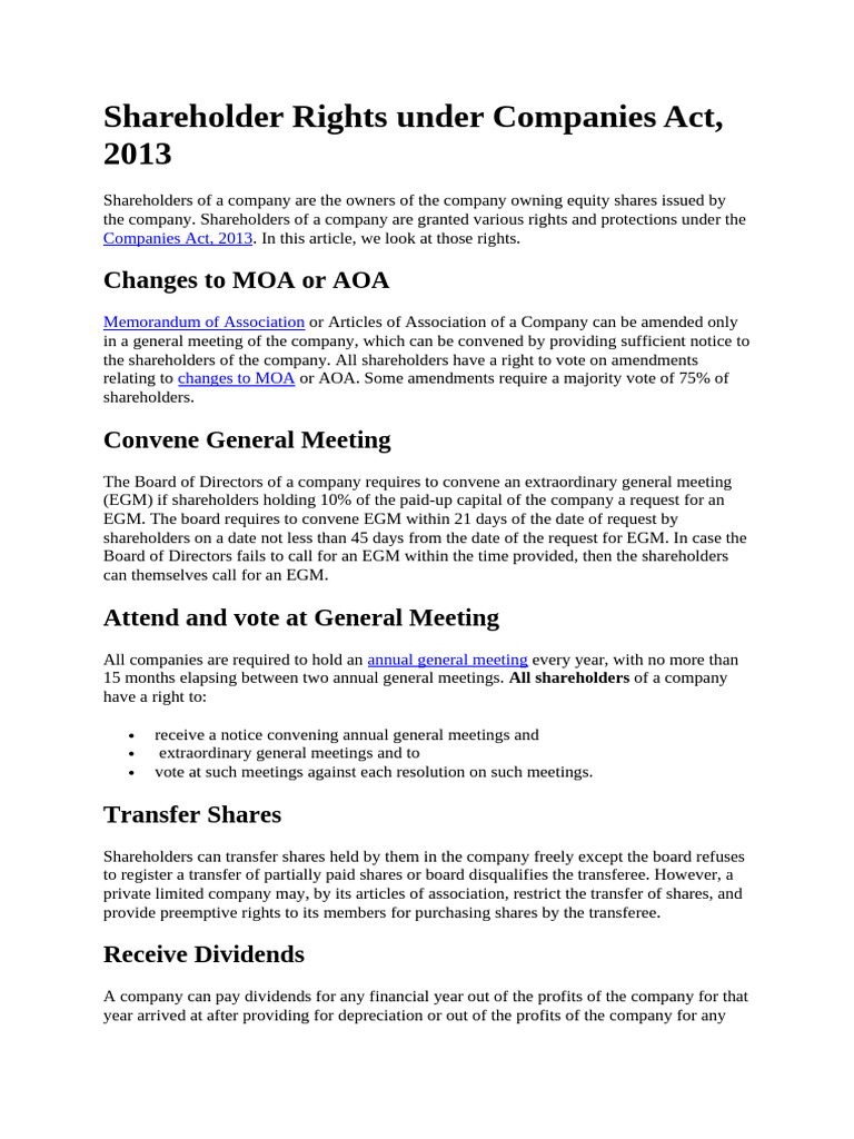 Shareholder Rights Under Companies Act 2013 | PDF | Dividend | Business ...