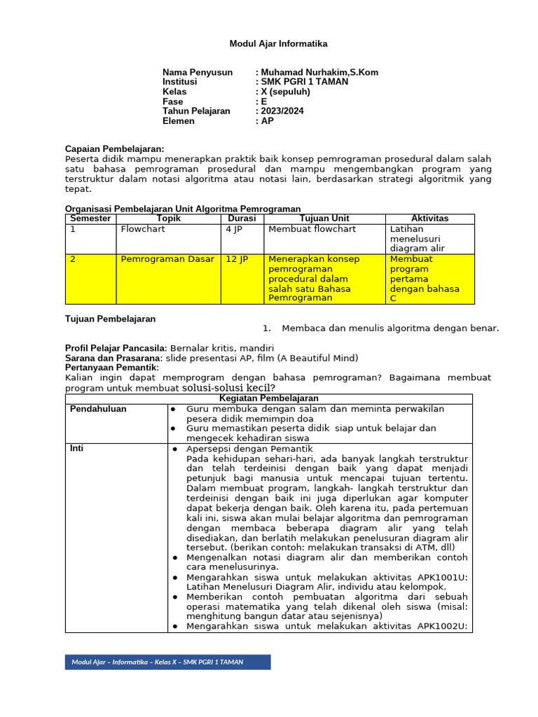 Modul Ajar Informatika - Algoritma Dan Pemrograman | PDF
