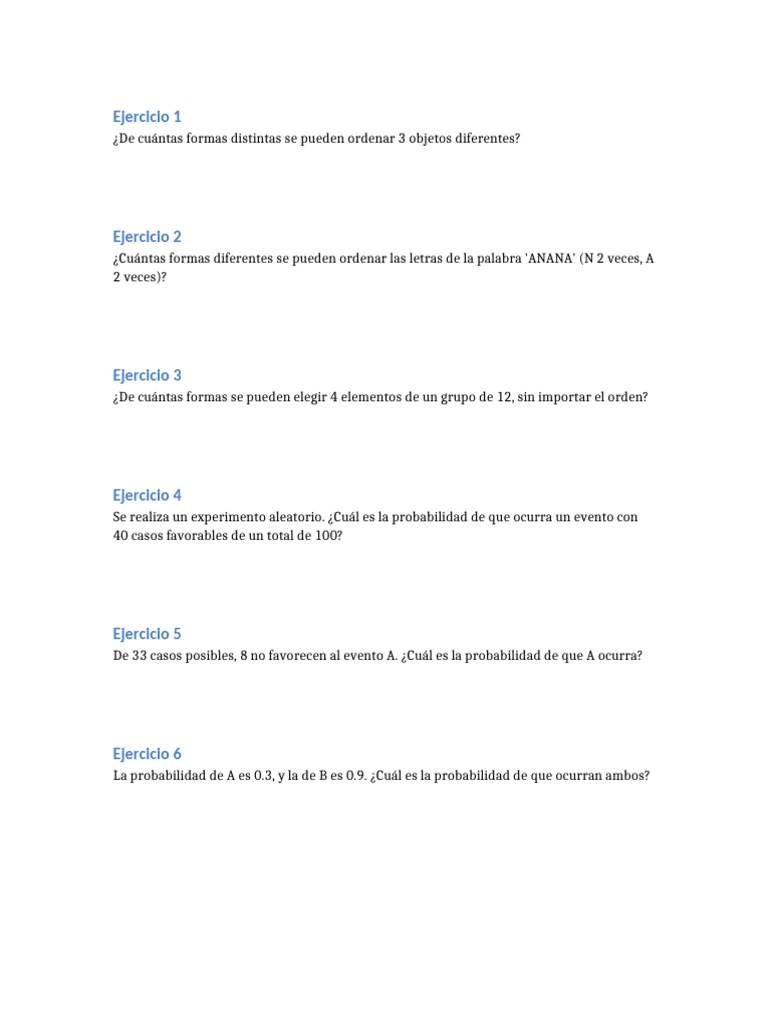 Ejercicios de Combinatoria y Probabilidad | PDF | Probabilidad