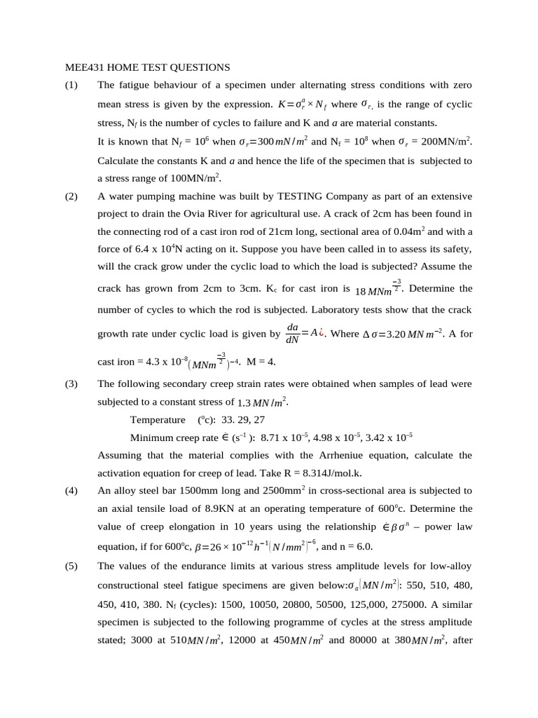 MEE431 Fatigue and Creep Test Problems | PDF | Creep (Deformation ...