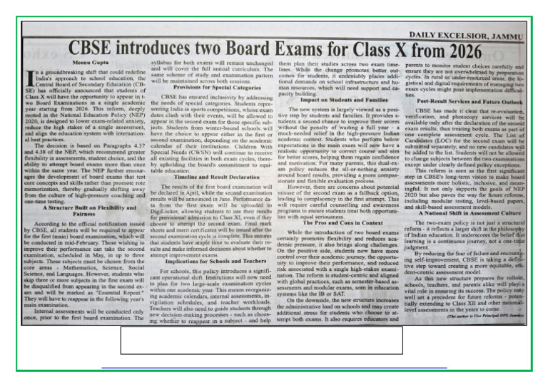 CBSE Introduces Two Board Exams For Class X From 2026 | PDF
