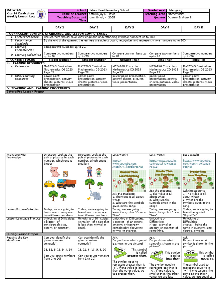 Grade 1 Math Lesson: Comparing Numbers | PDF | Curriculum | Quantity