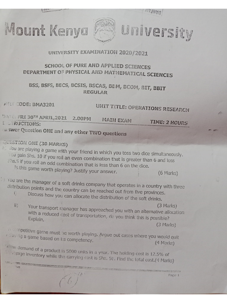 Operations Research Past Papers For Statistics Students | PDF