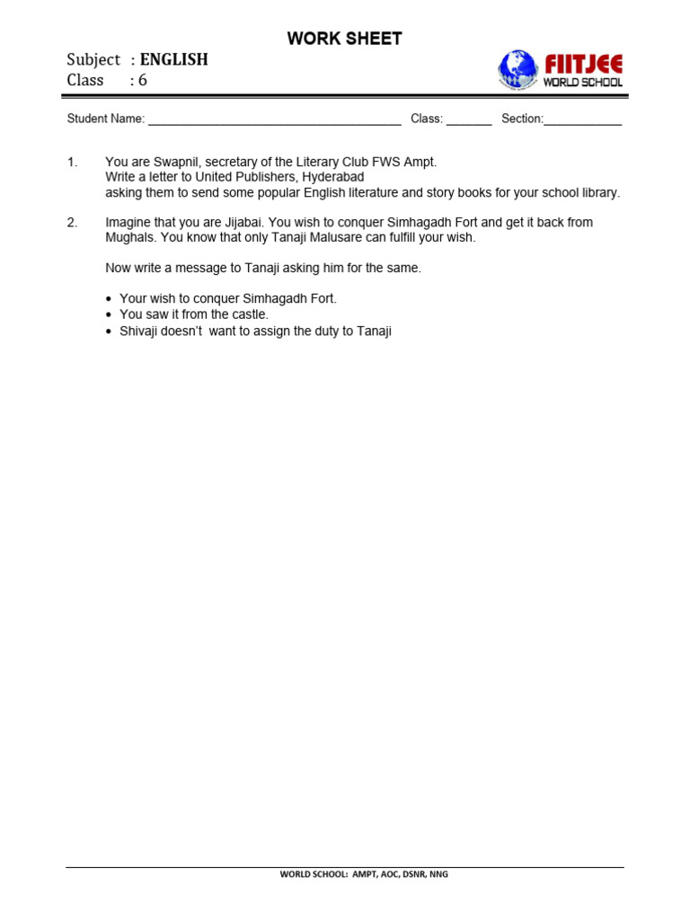 English Worksheet for Class 6 Students | PDF