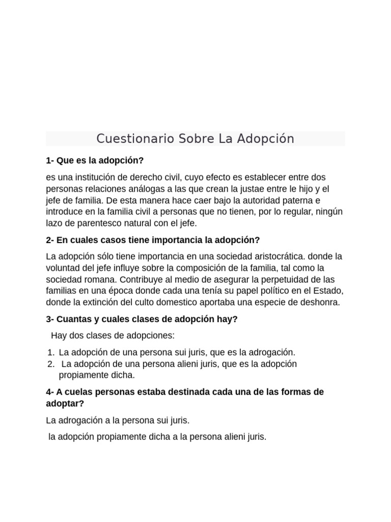 Cuestionario sobre Adopción y Adrogación | PDF | Adopción | Familia