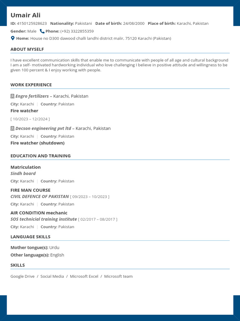 Fire Watcher Resume of Umair Ali | PDF