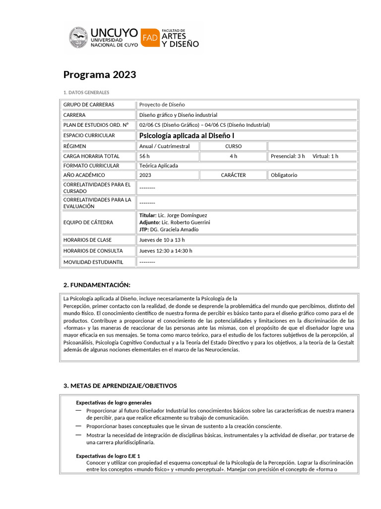 Programa Psicología I 2023 | PDF | Percepción | Diseño