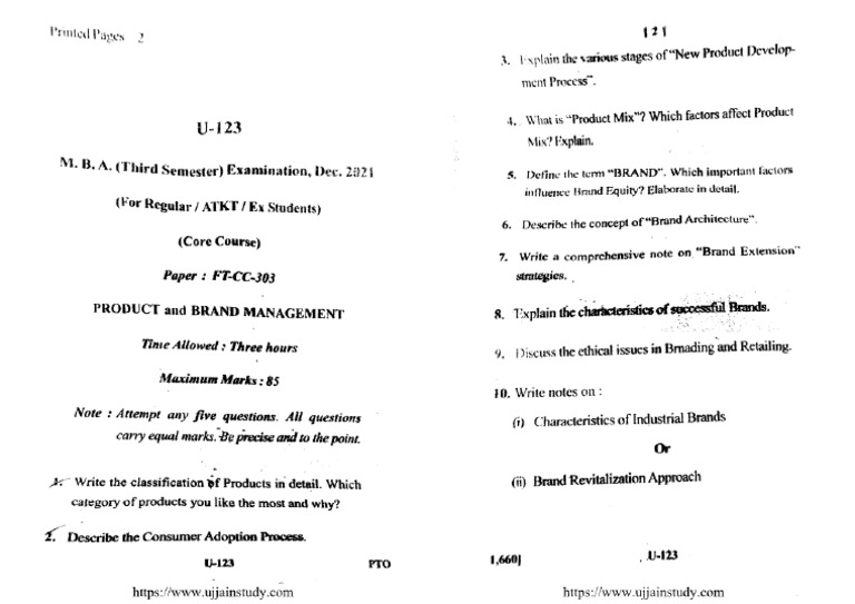 Mba 3 Sem Product and Brand Management U 123 Dec 2021 | PDF