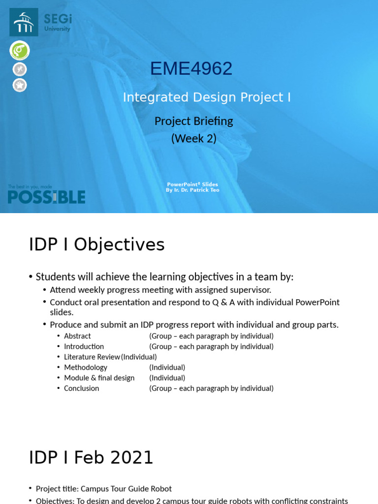 LMS EME4962 Integrated Design Project 1 Week 2 | PDF