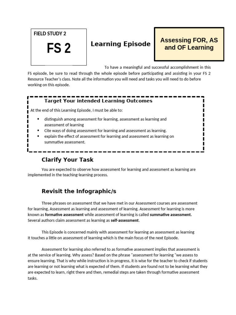 FS 2 EPISODE 10 Assessing FOR AS and OF Learning | PDF | Educational ...