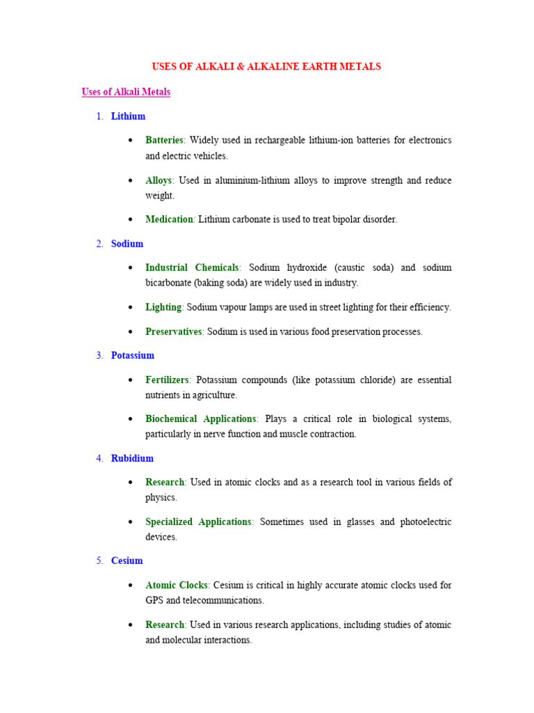 Uses of Alkali & Alkaline Earth Metals | PDF | Sodium | Calcium